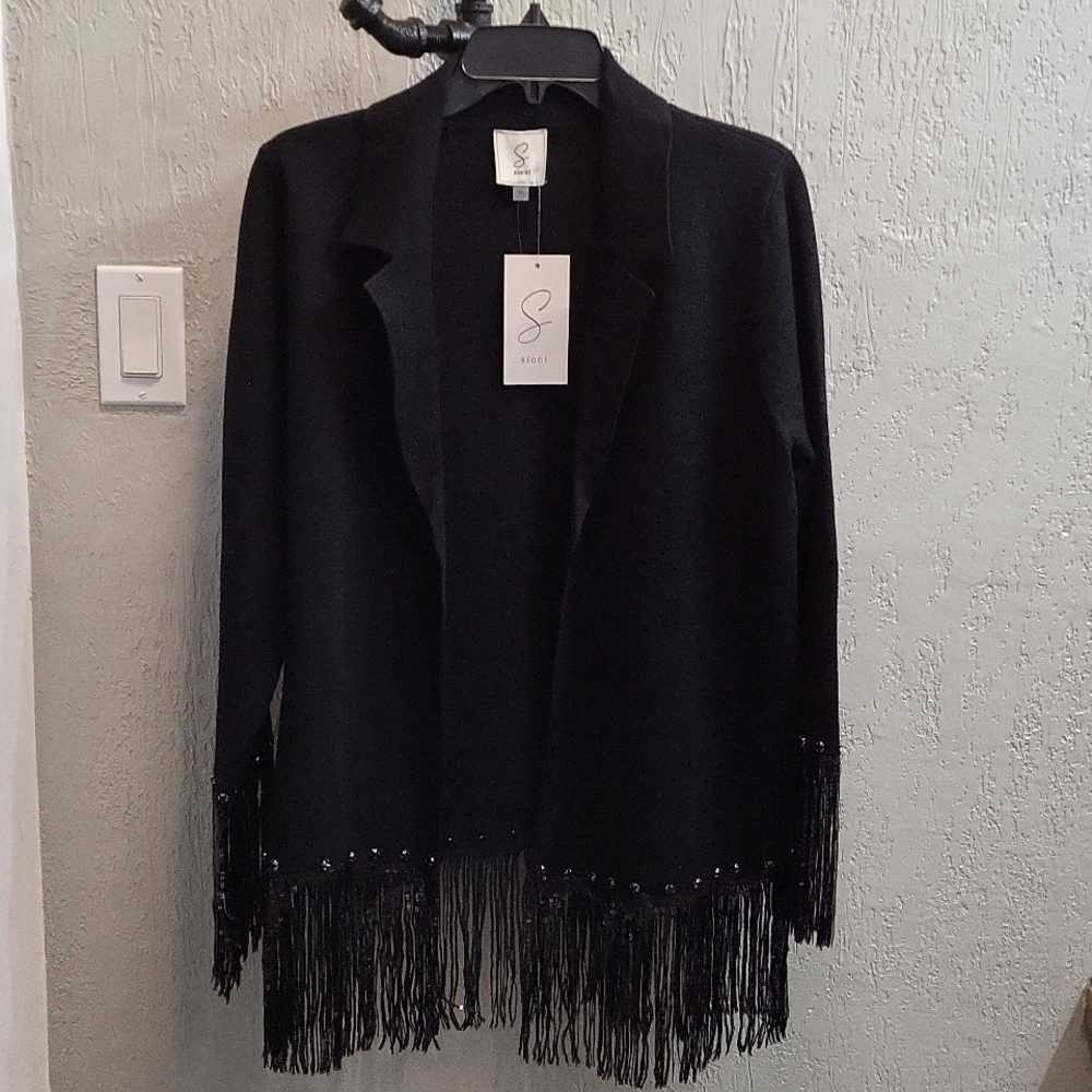 New Sioni Black Open Front Cardigan Sweater Jacket w/ Sequin Fringe
